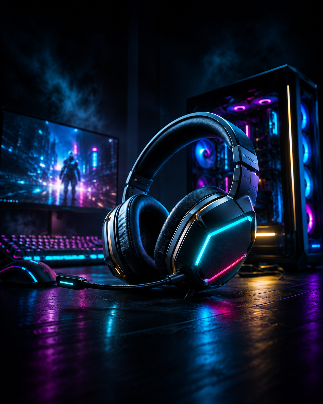 Gaming controller in front of an RGB gaming setup