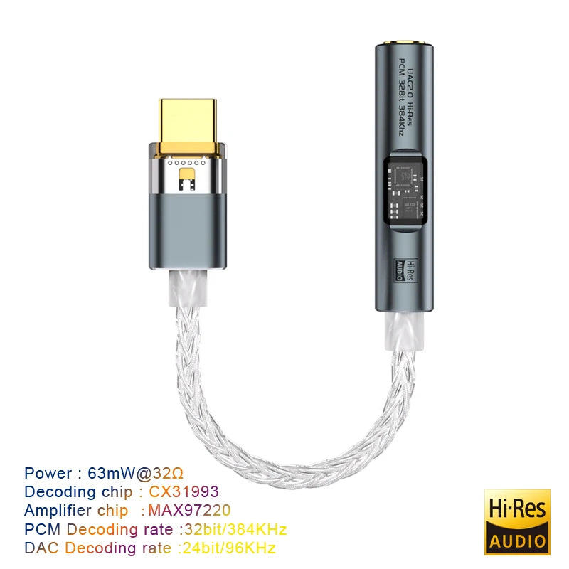 USB Type C to 3.5 mm Jack Adapter Headphone Amp HiFi DAC USB C Audio AUX Converter Decoder CX31993 MAX97220 PCM 32Bit 384KHz