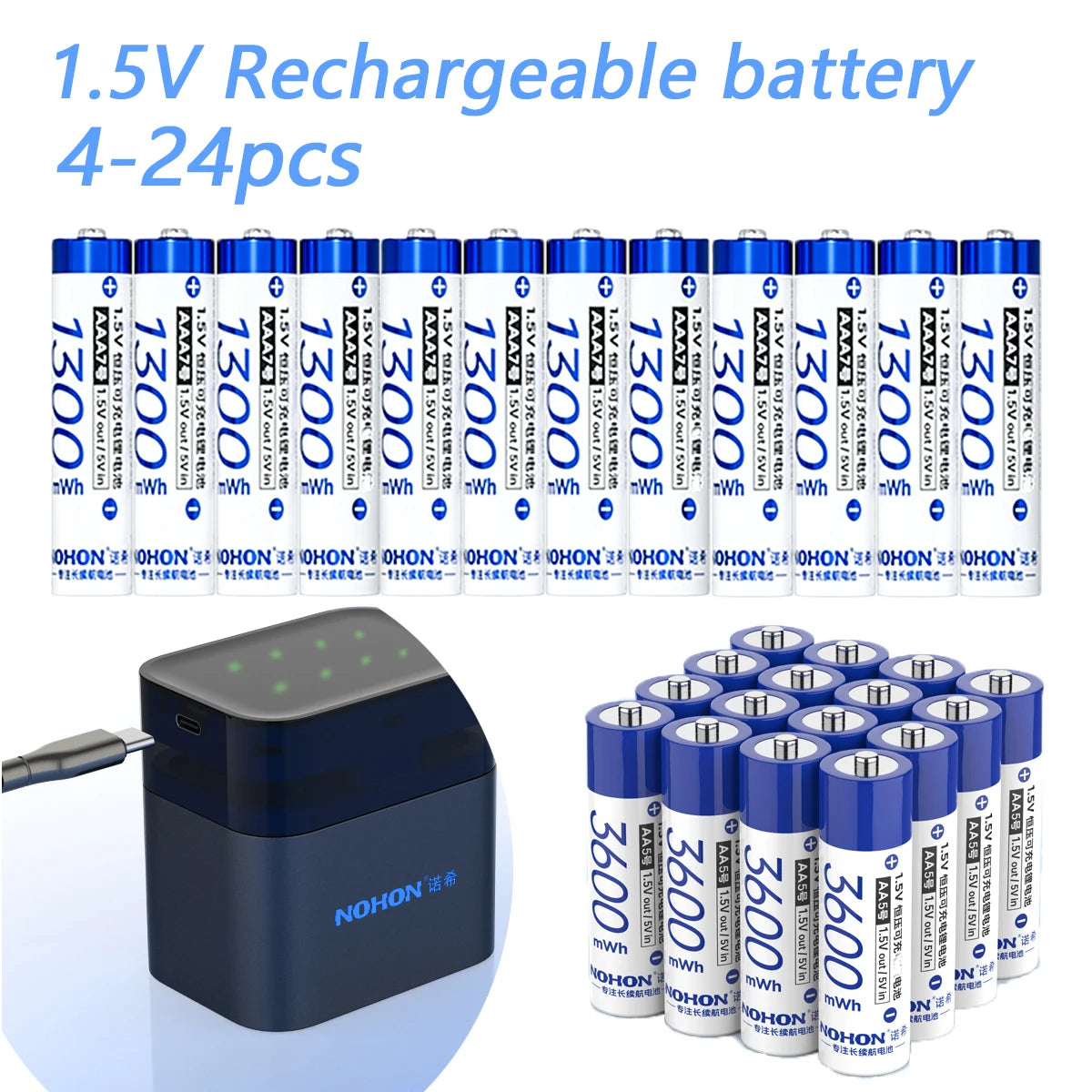 NOHON 1.5V Li-ion Rechargeable AA Batteries Bulk 3600mWh High Capacity Long Lasting AA AAA Battery Charging Battery Charger