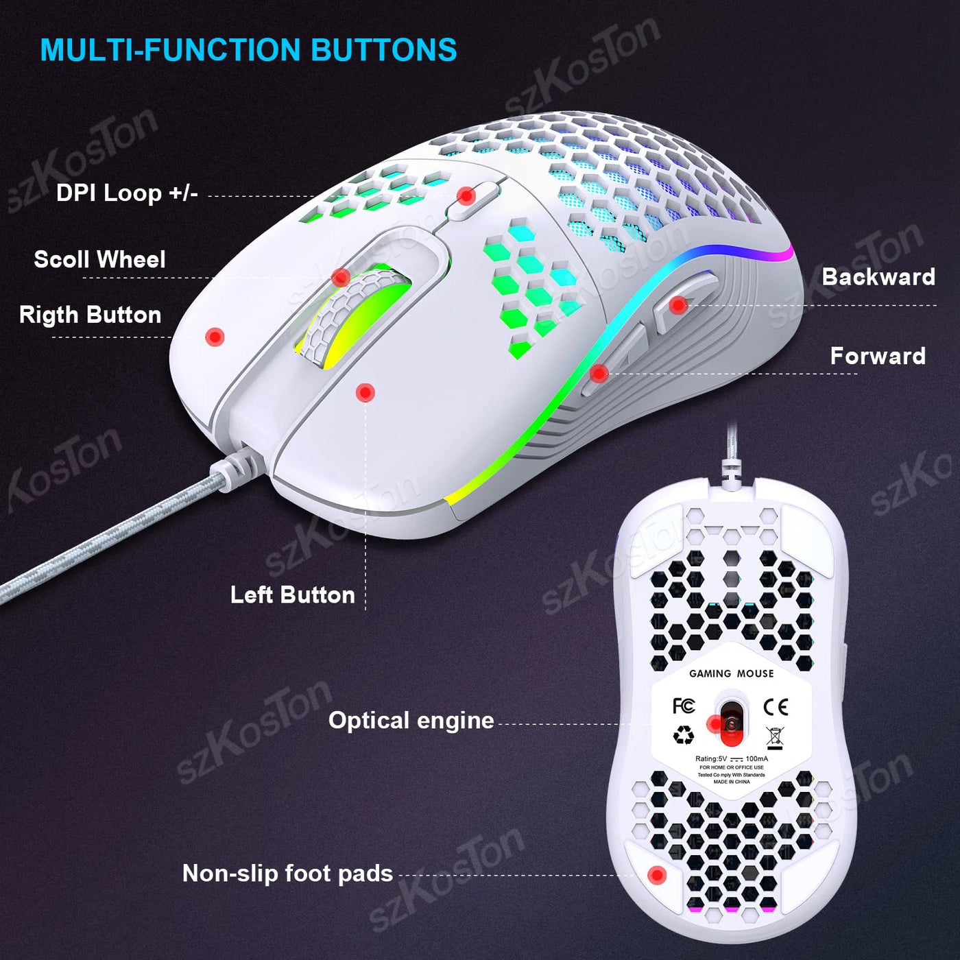 7200DPI Honeycomb RGB Gaming Mouse