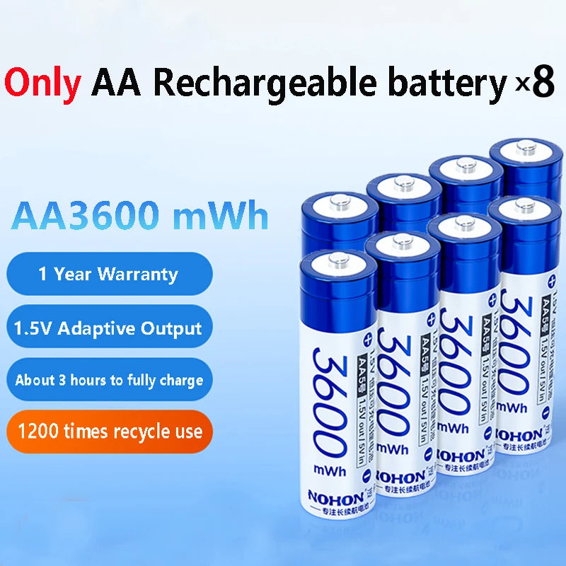 NOHON 1.5V Li-ion Rechargeable AA Batteries Bulk 3600mWh High Capacity Long Lasting AA AAA Battery Charging Battery Charger