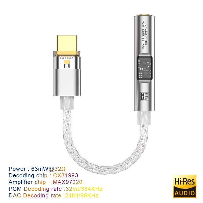 USB Type C to 3.5 mm Jack Adapter Headphone Amp HiFi DAC USB C Audio AUX Converter Decoder CX31993 MAX97220 PCM 32Bit 384KHz