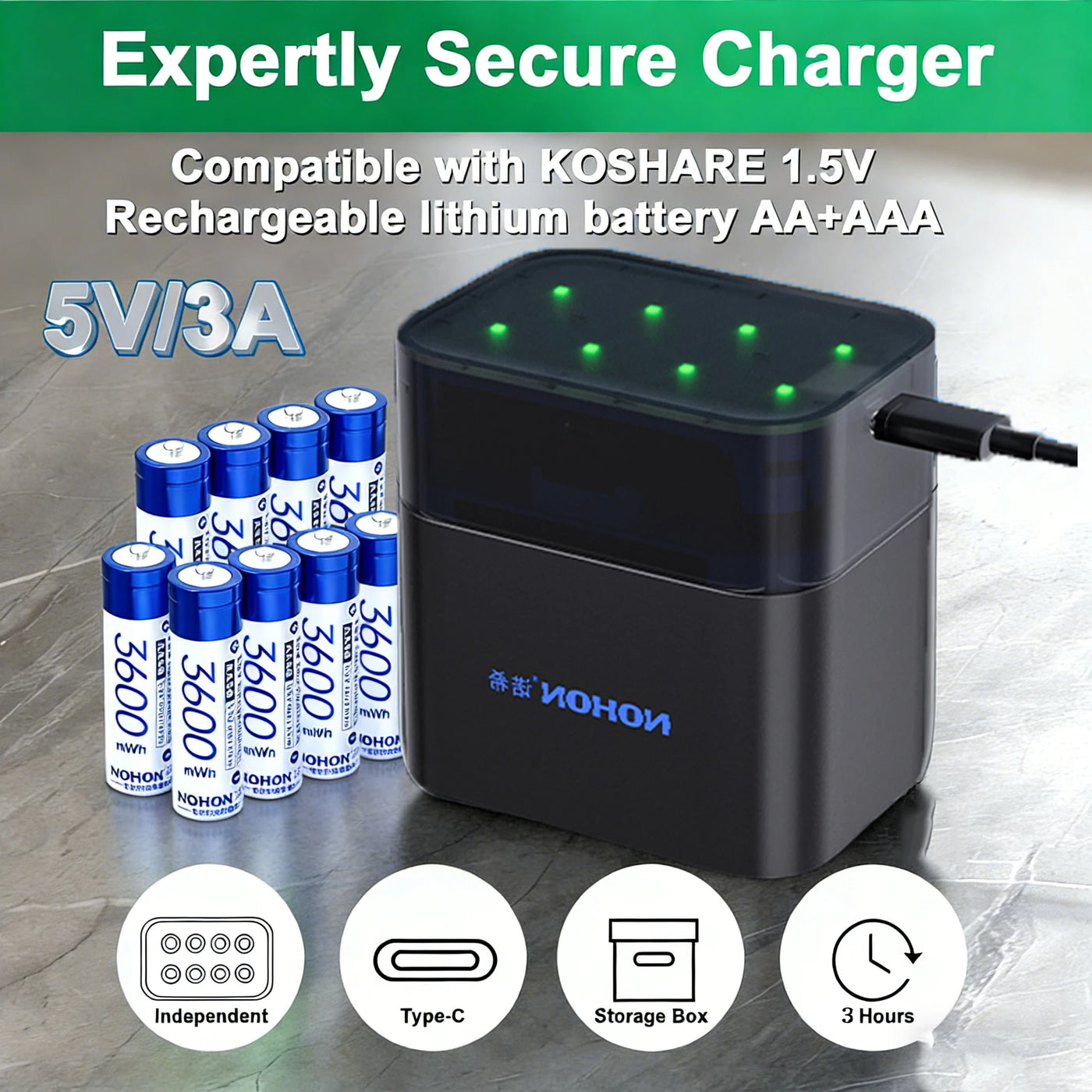 NOHON 1.5V Li-ion Rechargeable AA Batteries Bulk 3600mWh High Capacity Long Lasting AA AAA Battery Charging Battery Charger