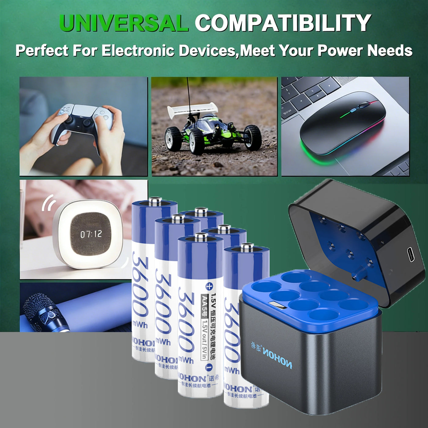 NOHON 1.5V Li-ion Rechargeable AA Batteries Bulk 3600mWh High Capacity Long Lasting AA AAA Battery Charging Battery Charger