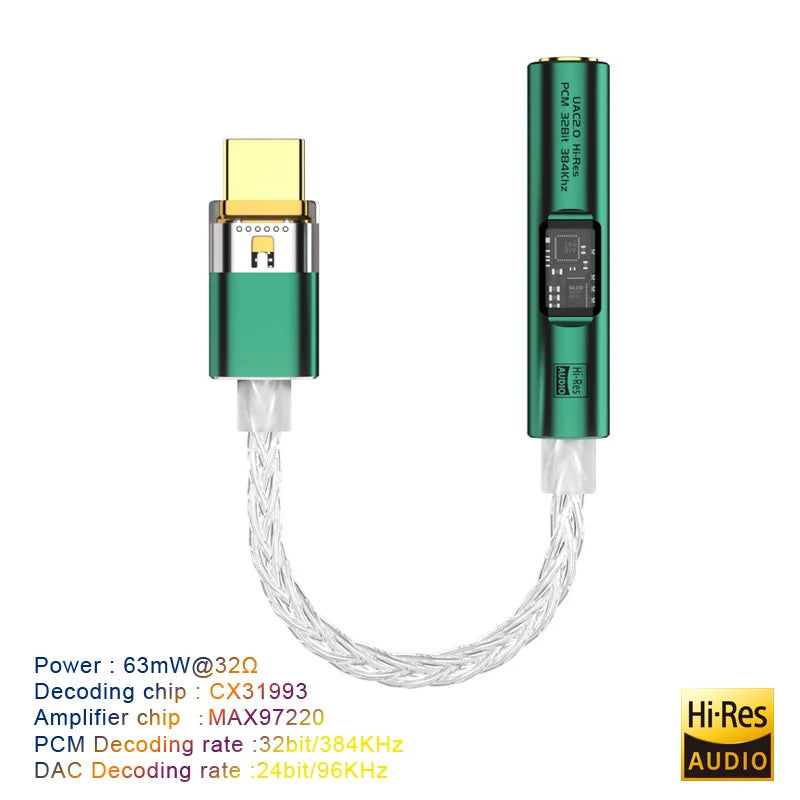 USB Type C to 3.5 mm Jack Adapter Headphone Amp HiFi DAC USB C Audio AUX Converter Decoder CX31993 MAX97220 PCM 32Bit 384KHz