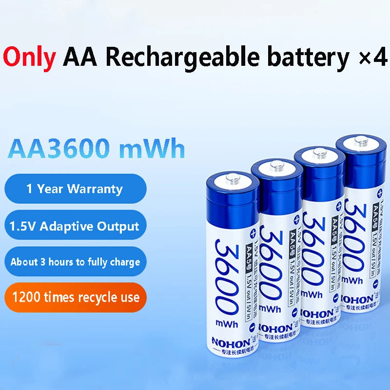 NOHON 1.5V Li-ion Rechargeable AA Batteries Bulk 3600mWh High Capacity Long Lasting AA AAA Battery Charging Battery Charger