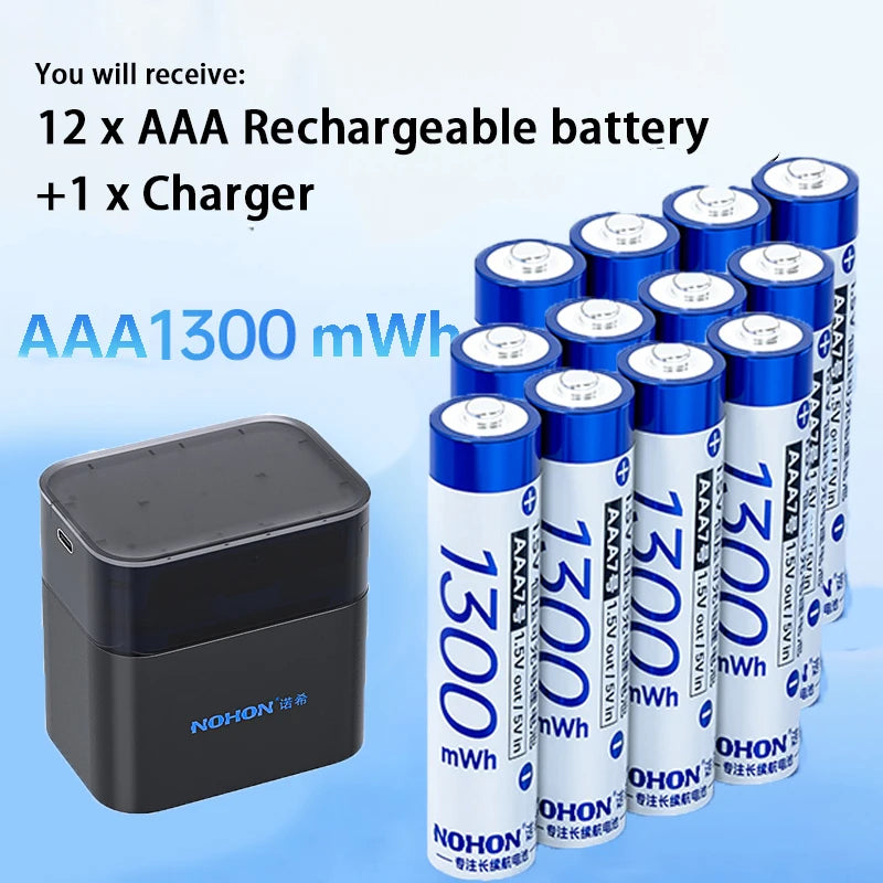NOHON 1.5V Li-ion Rechargeable AA Batteries Bulk 3600mWh High Capacity Long Lasting AA AAA Battery Charging Battery Charger